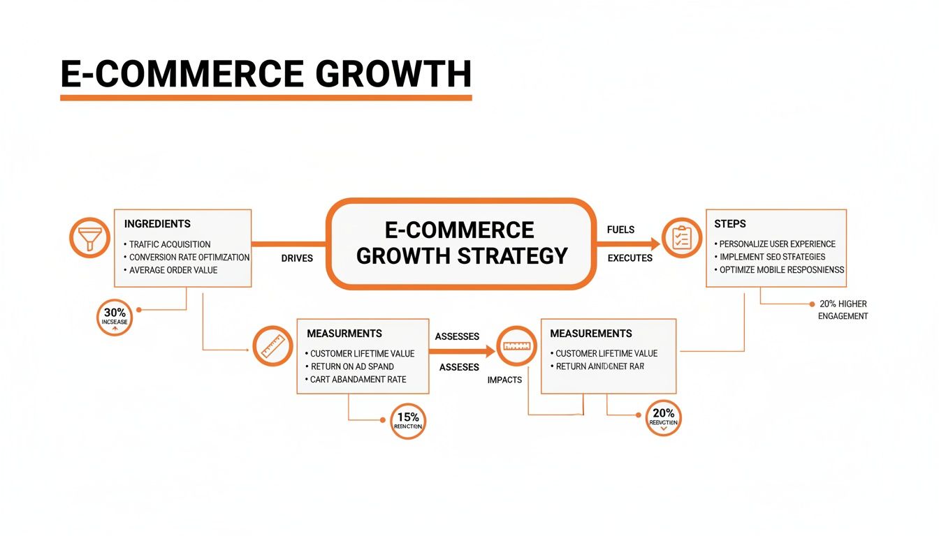 A detailed diagram outlining an e-commerce growth strategy with ingredients, steps, and measurements.