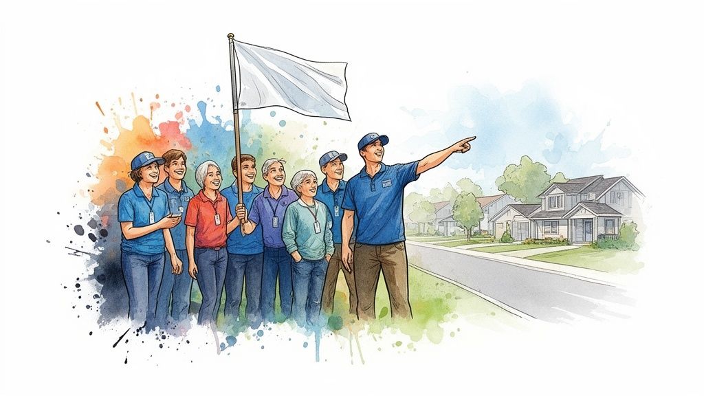 Smiling team of volunteers with a white flag pointing towards a neighborhood of homes.