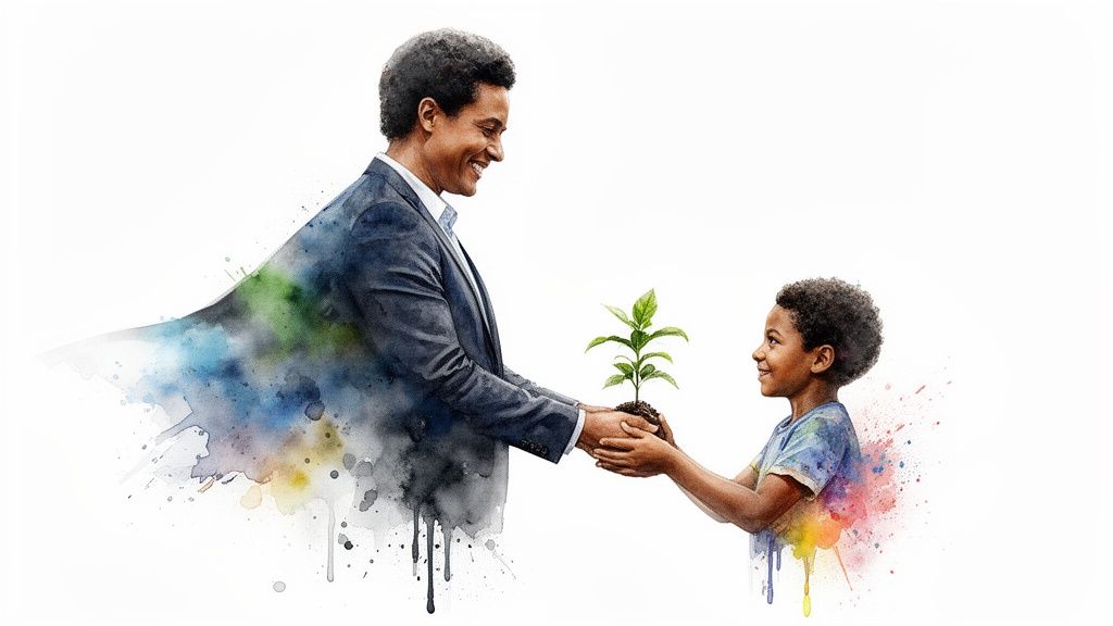 A smiling man in a suit gives a small green plant to a happy young boy.
