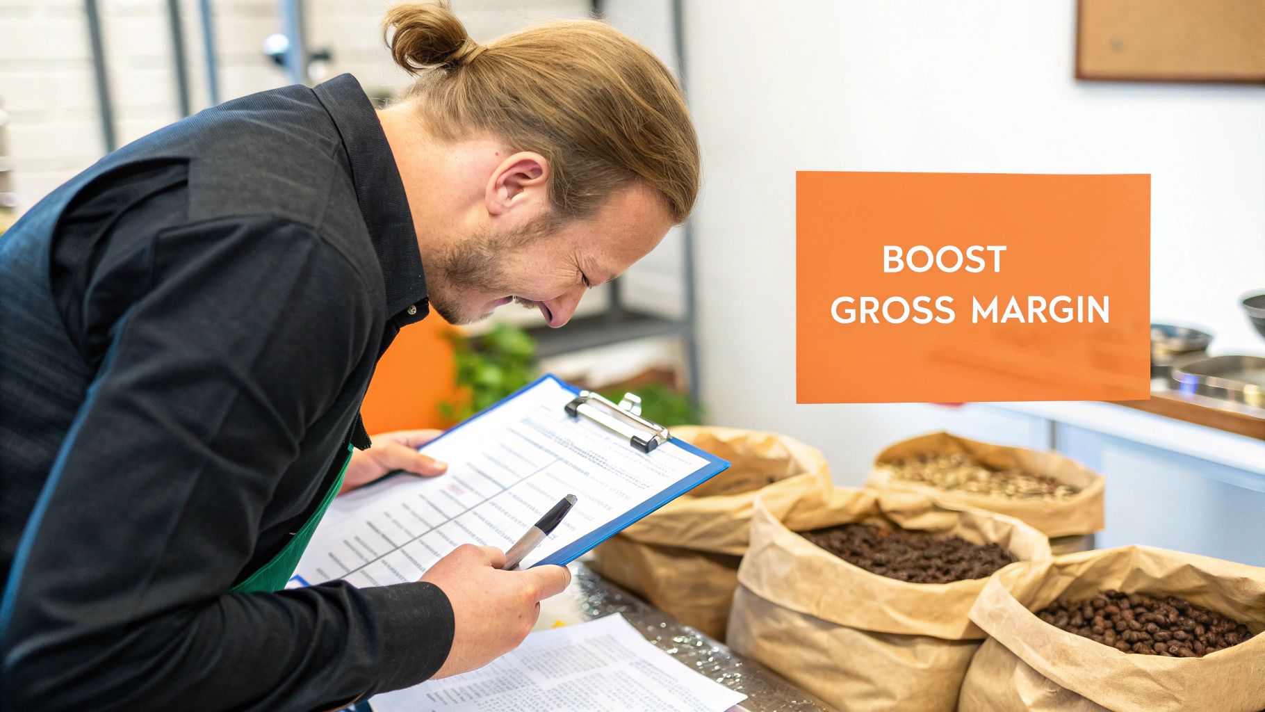 A man meticulously reviews a clipboard beside coffee bean bags, with a 'Boost Gross Margin' sign.