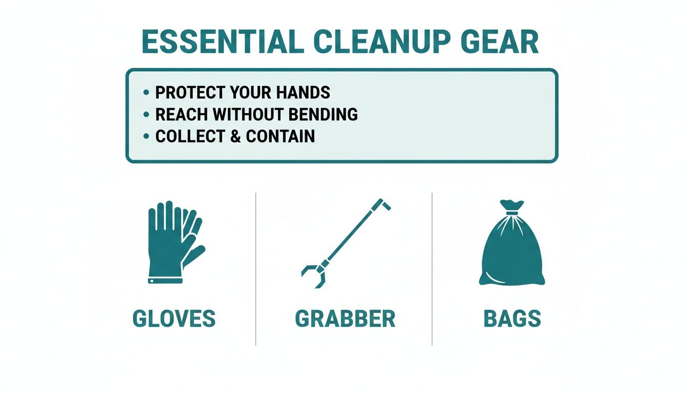 Essential cleanup gear: gloves, grabber tool, and trash bags for safe and efficient waste collection.