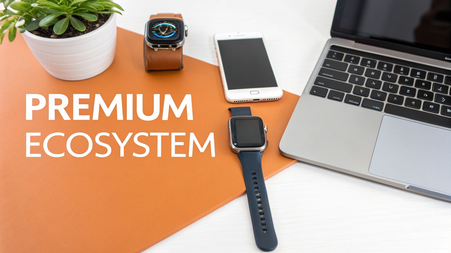 A flat lay of various tech devices including smartwatches, a smartphone, and a laptop with text 'PREMIUM ECOSYSTEM'.