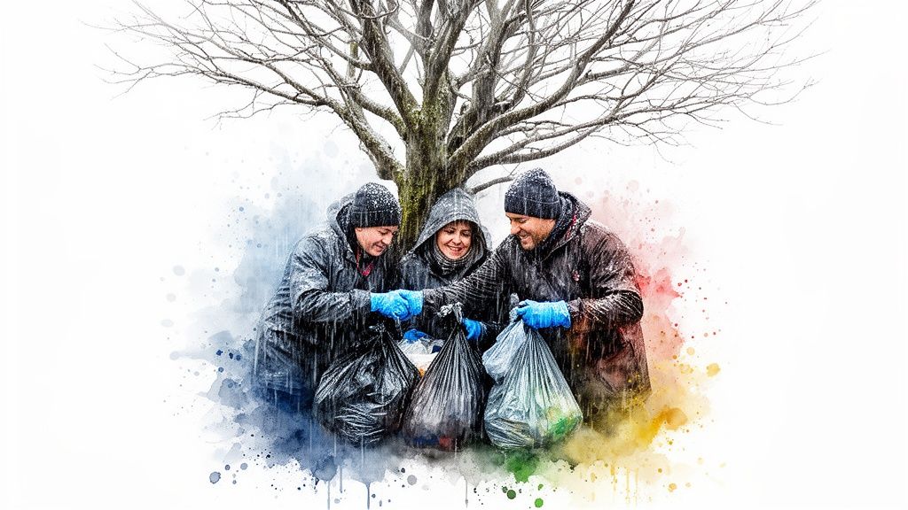Three smiling volunteers in winter clothing and blue gloves pick up trash under a bare tree.