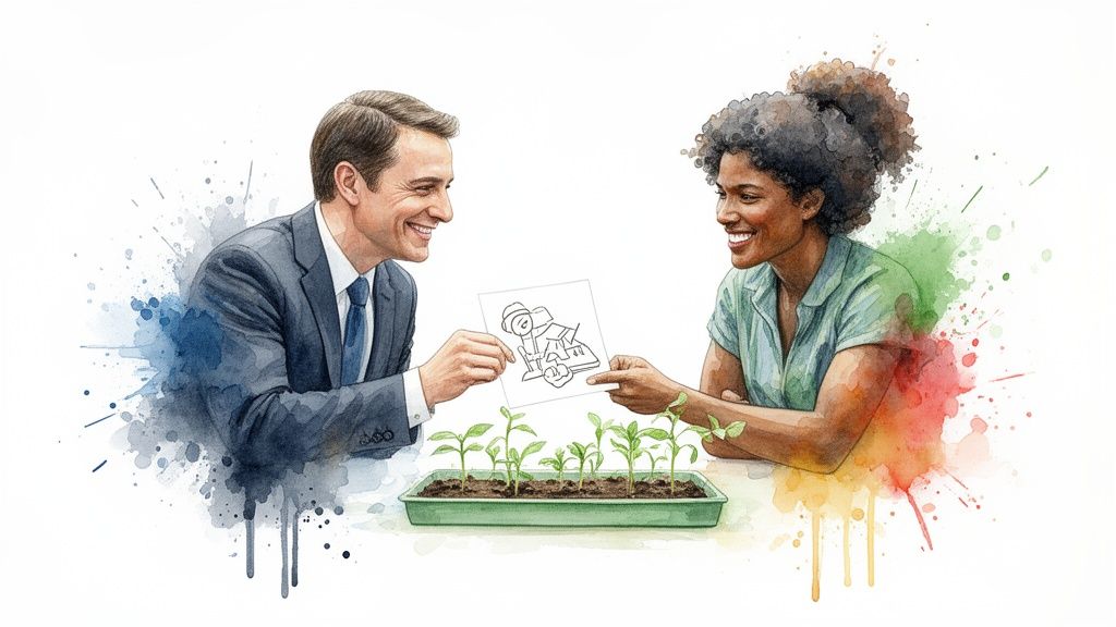 Watercolor illustration of a man and woman exchanging a building drawing over a tray of plant seedlings.
