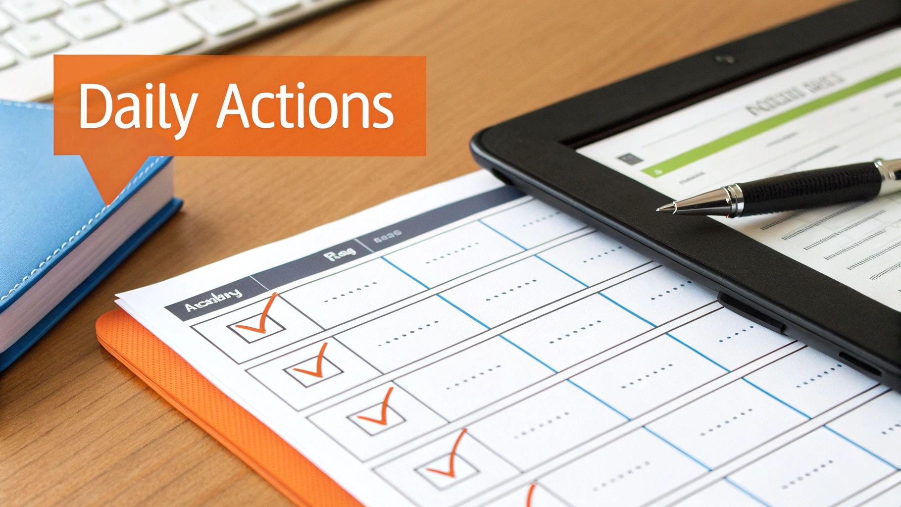 Daily Actions checklist with red checkmarks, a blue notebook, tablet, and pen on a wooden desk.