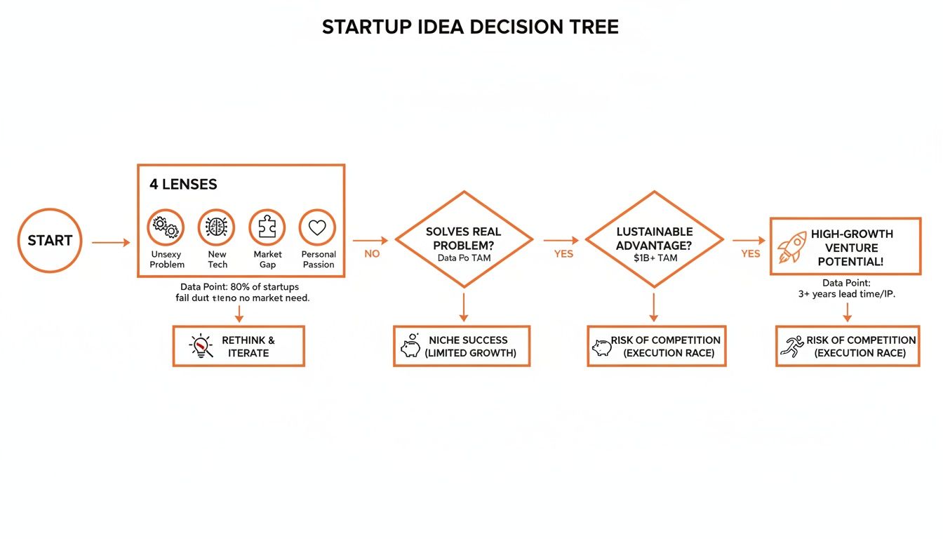 A startup idea decision tree flow chart for evaluating venture potential.