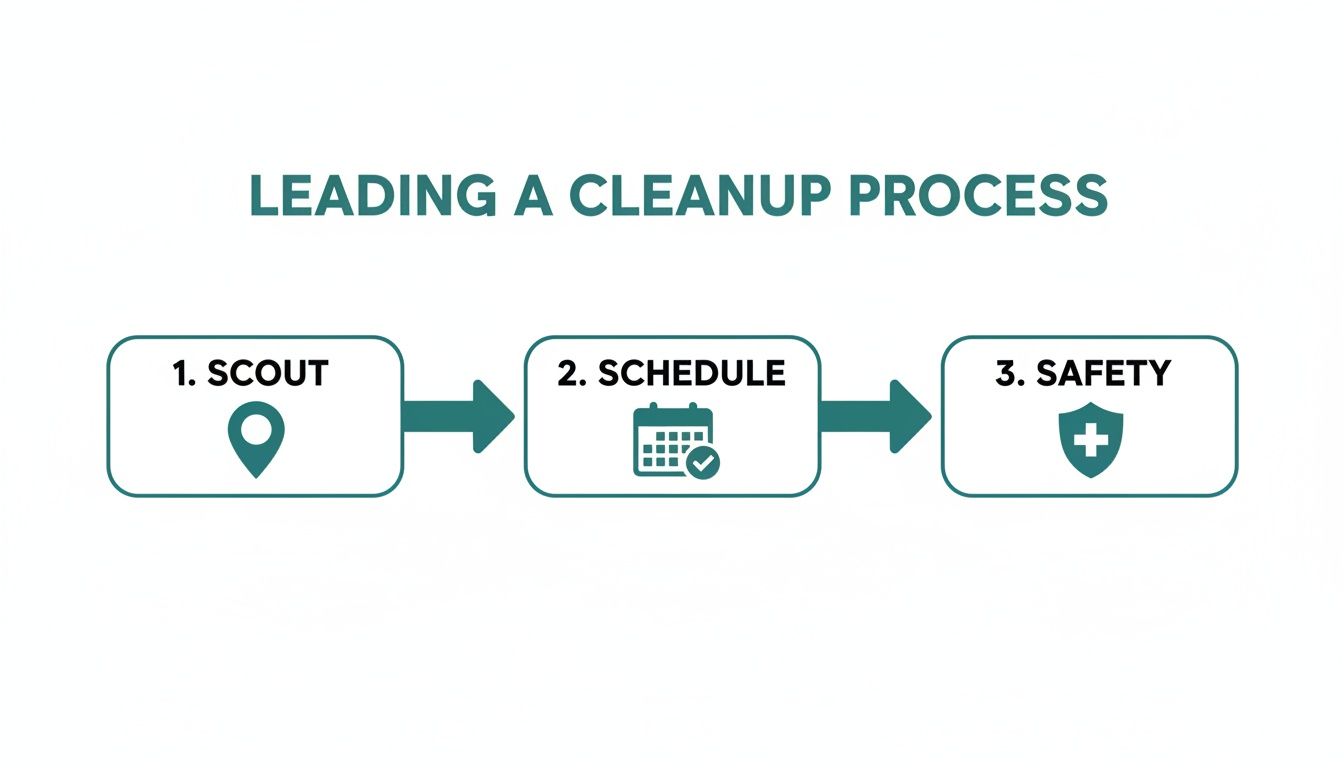 Flowchart illustrating the three steps to lead a cleanup process: scout, schedule, and safety.