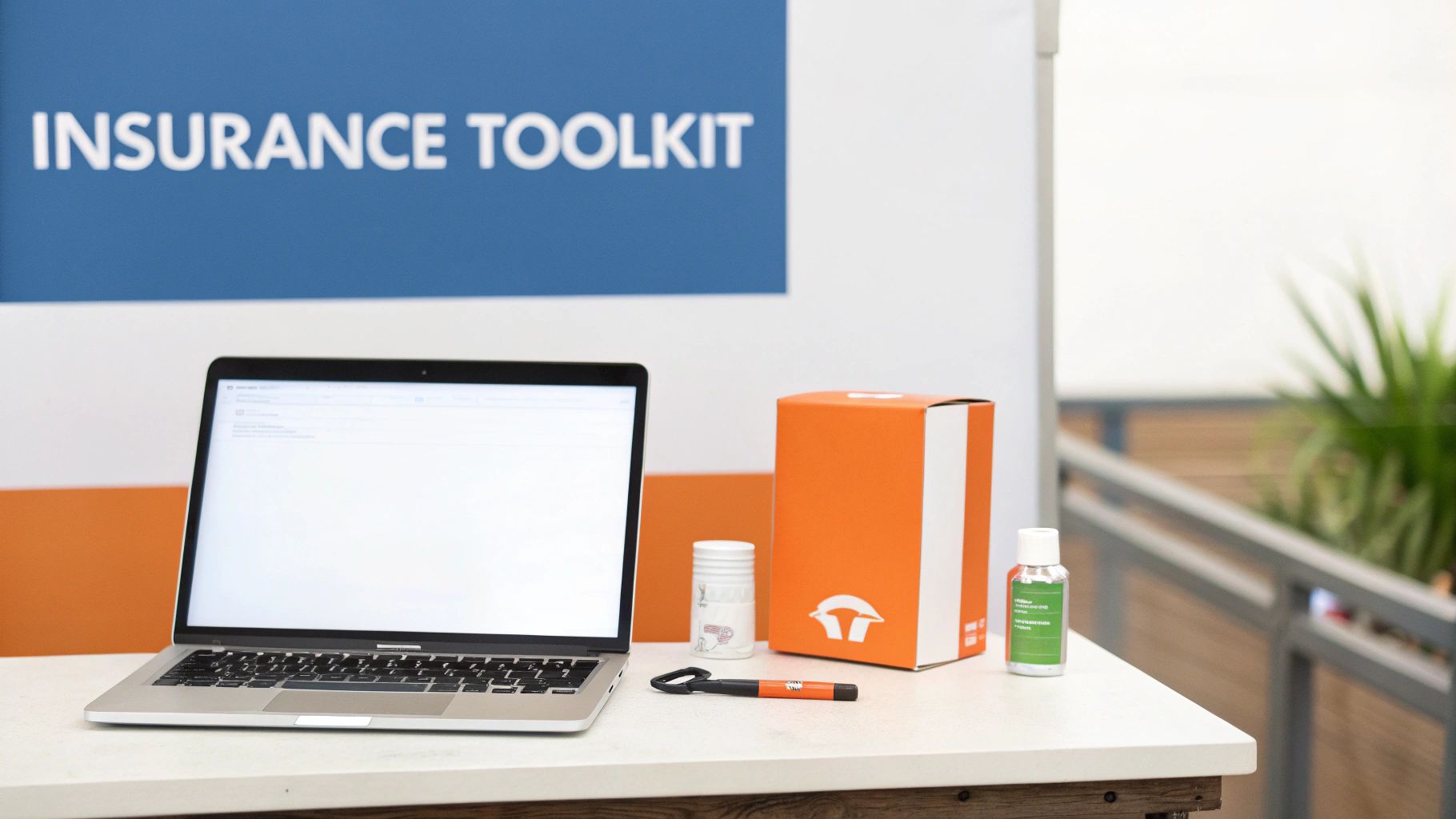 A laptop, various branded toolkit items, and an 'Insurance Toolkit' banner on a white table.