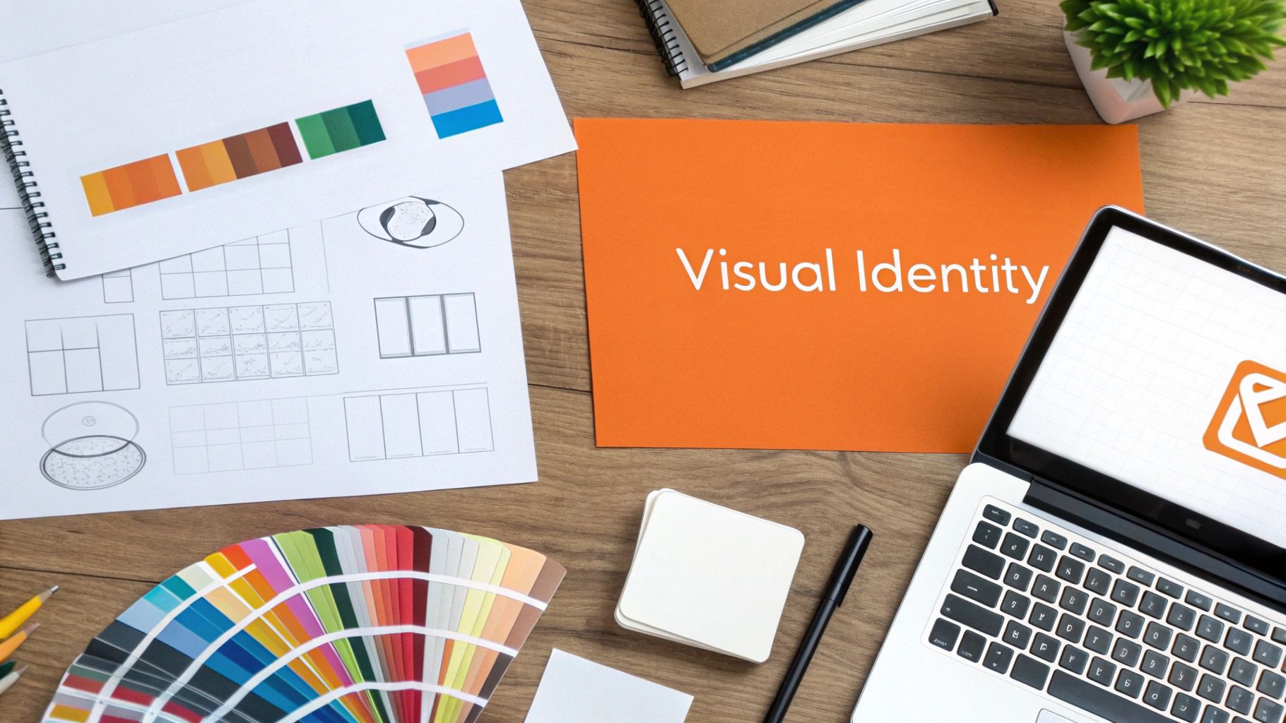 Overhead shot of a branding design workspace with visual identity concept, laptop, color palettes, and sketches.