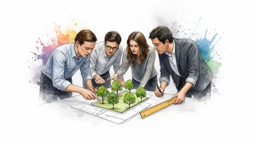Four young professionals discuss a landscape design model with miniature trees and blueprints.