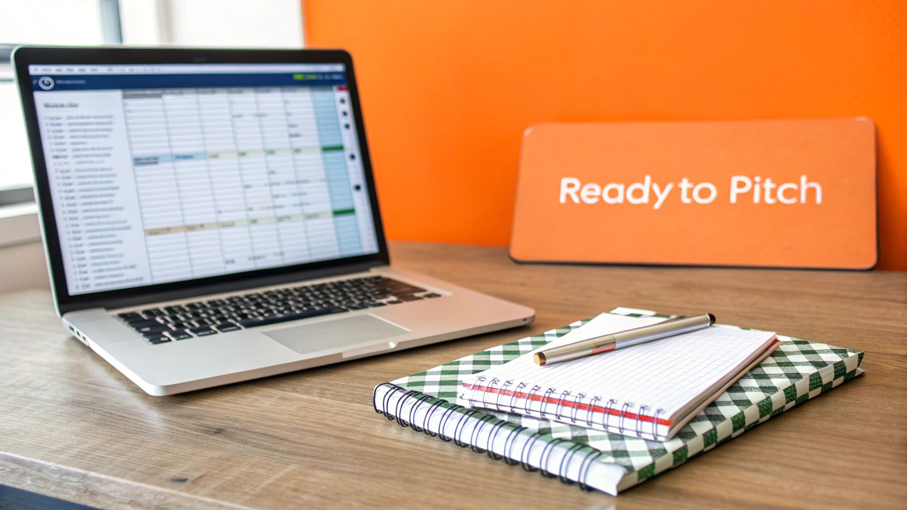 A laptop, notebooks, a pen, and a 'Ready to Pitch' sign on a wooden desk.