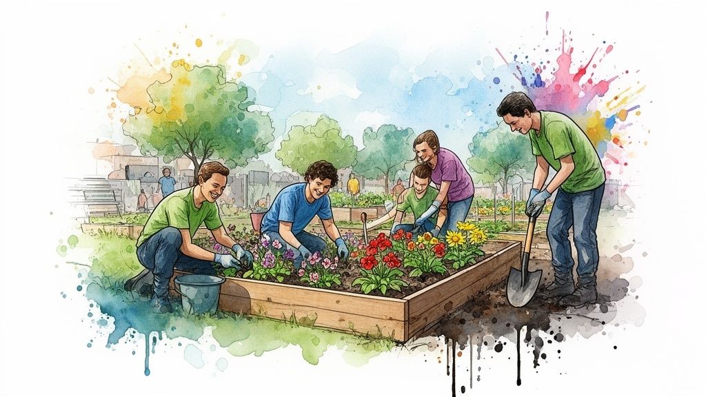 A group of smiling people collaboratively planting colorful flowers in a raised garden bed.