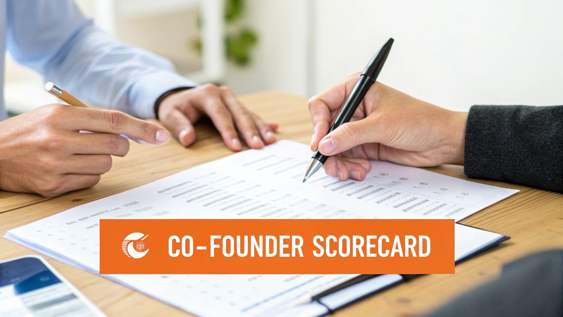 Two people reviewing a document, one writing with a pen, the other pointing, with a 'Co-Founder Scorecard' overlay.