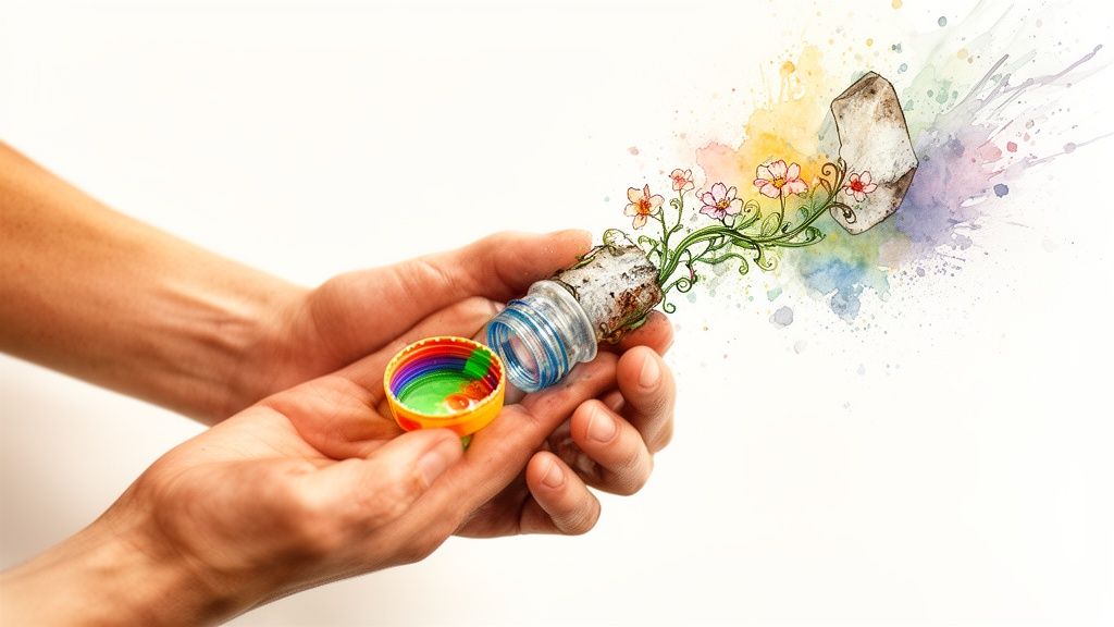 Hands hold a plastic bottle from which a vibrant plant with flowers grows amidst colorful watercolor splashes, symbolizing growth and care.