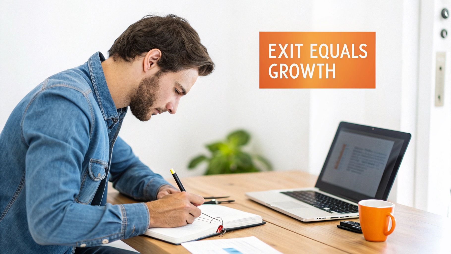 A focused man writes in a notebook at a desk with a laptop; text reads 'EXIT EQUALS GROWTH'.