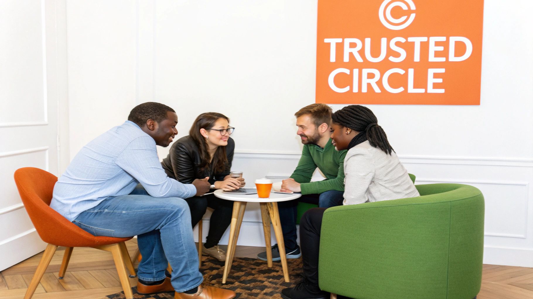 Four diverse professionals collaborate around a coffee table in a modern office lounge.