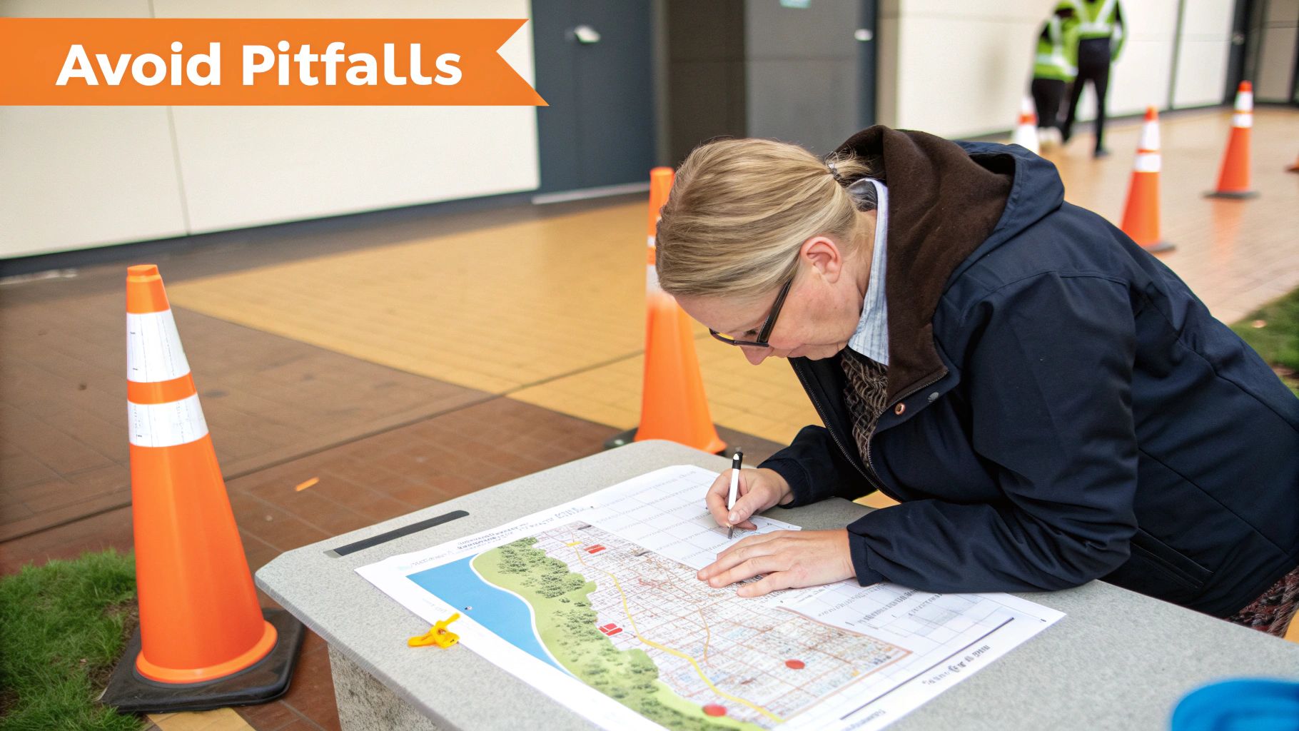 A woman wearing glasses and a jacket marks a map on a table at an outdoor event.
