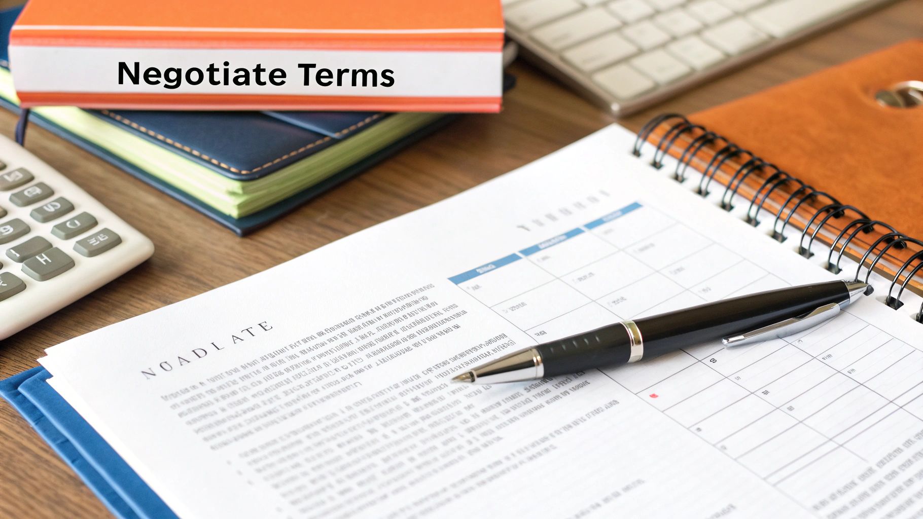A desk scene with a book titled 'Negotiate Terms', a pen on a document, and a calculator.