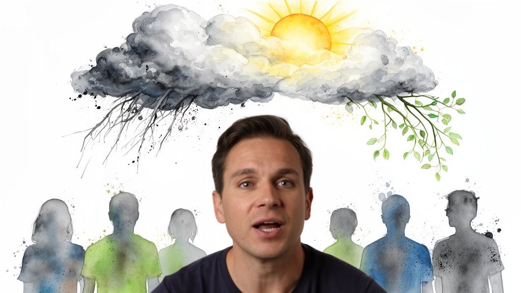 A man speaks, with a watercolor cloud illustrating sun, growth, darkness, and diverse human silhouettes.