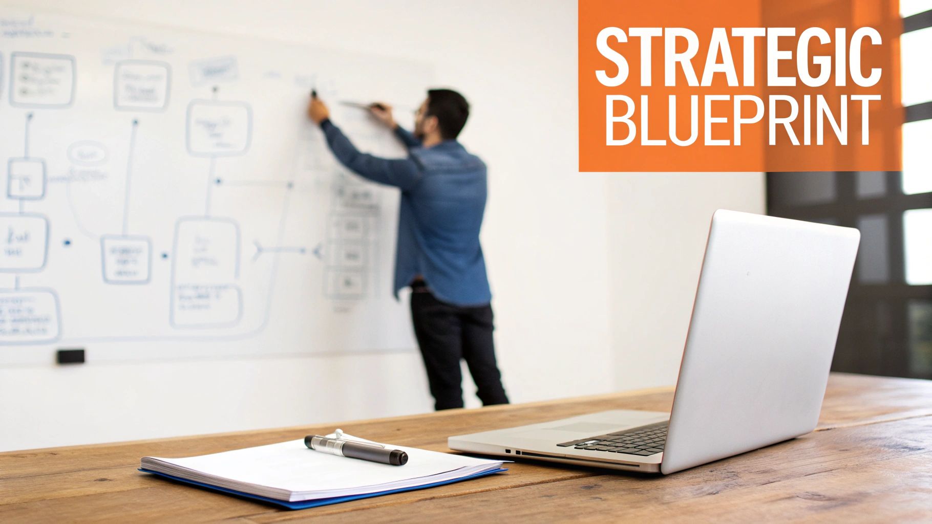 A man outlines a strategic blueprint on a whiteboard in an office with a laptop and notepad.