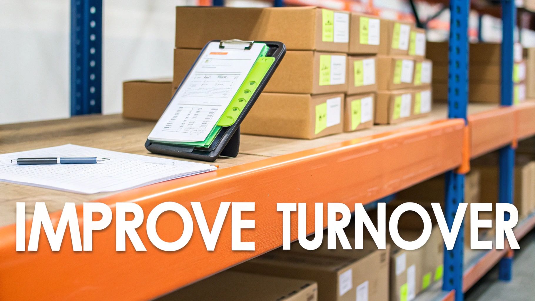 A clipboard and pen on a shelf with cardboard boxes in a warehouse, with text 'IMPROVE TURNOVER'.