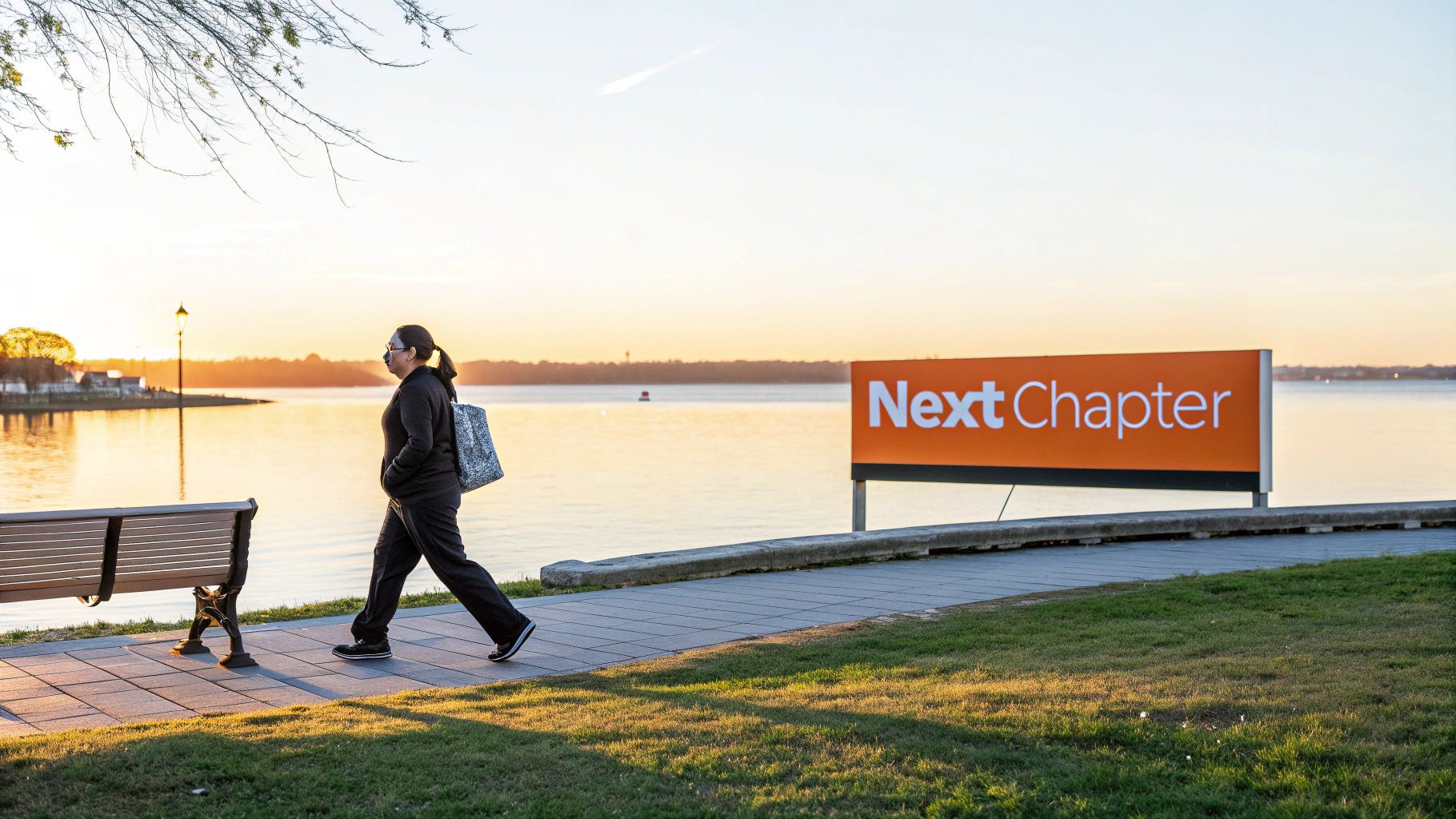 A person walks along a waterfront path at sunset, passing a prominent 'Next Chapter' sign.