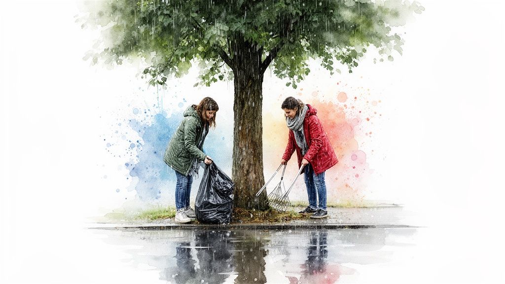 Two women in coats clean litter around a tree, one bagging trash, the other using a grabber.