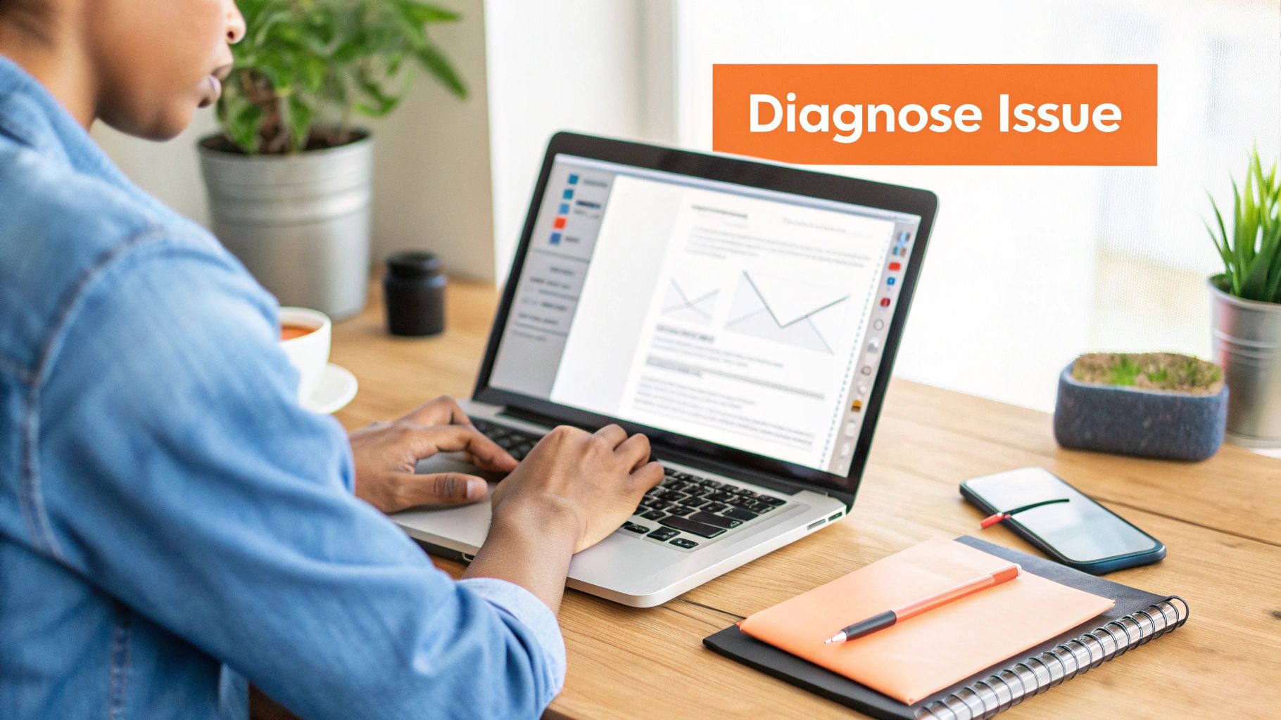 Person using a laptop with 'Diagnose Issue' banner on a desk with plants and tea.