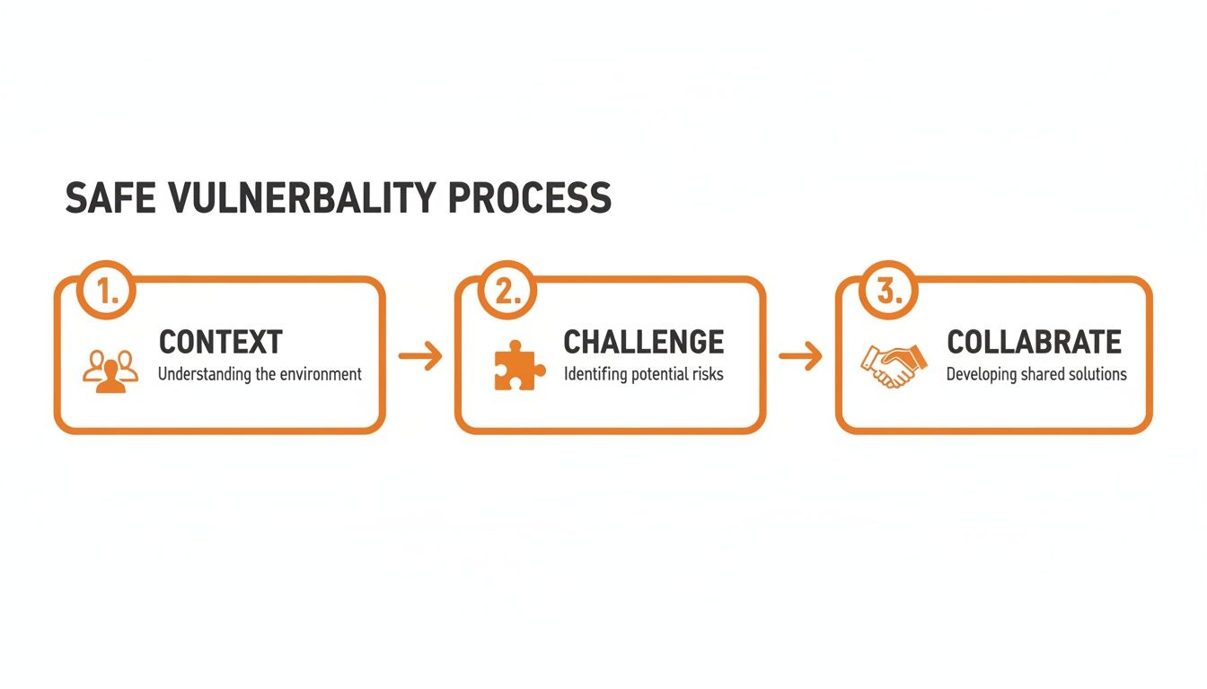 A three-step safe vulnerability process diagram with Context, Challenge, and Collaborate stages.