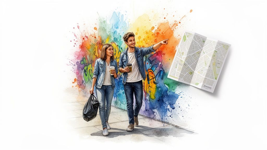 A young couple walks a city street, man points, holding coffee, map floats by vibrant graffiti wall.