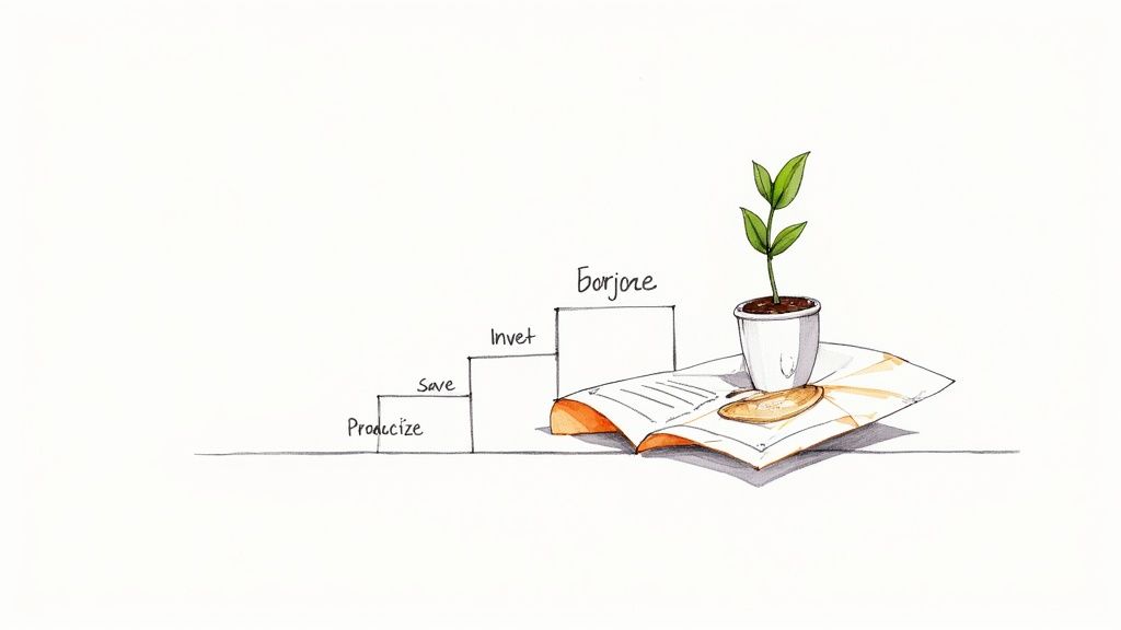 A watercolor illustration depicting steps like Producize, Save, Invest, leading to a growing plant.