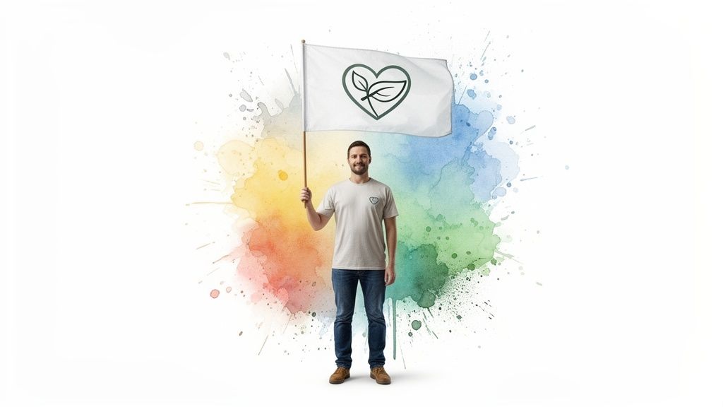 Man holding a white flag with a heart and leaf logo, standing before a colorful watercolor splash.