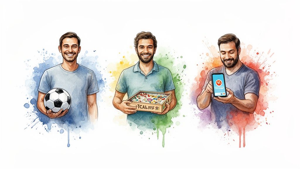 Watercolor illustrations of three smiling men enjoying hobbies like soccer, board games, and phone apps.