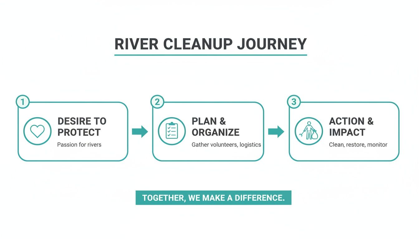 A three-step flowchart illustrating the river cleanup journey from desire to action and impact.