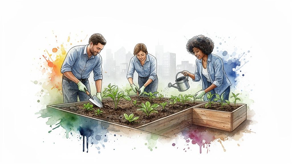 Three diverse people gardening in raised beds with a city skyline, in a vibrant watercolor style.