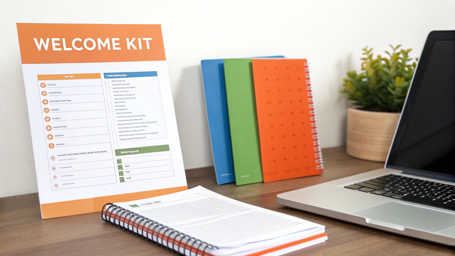 A professional office desk setup featuring a 'WELCOME KIT' document, colorful notebooks, and a silver laptop.