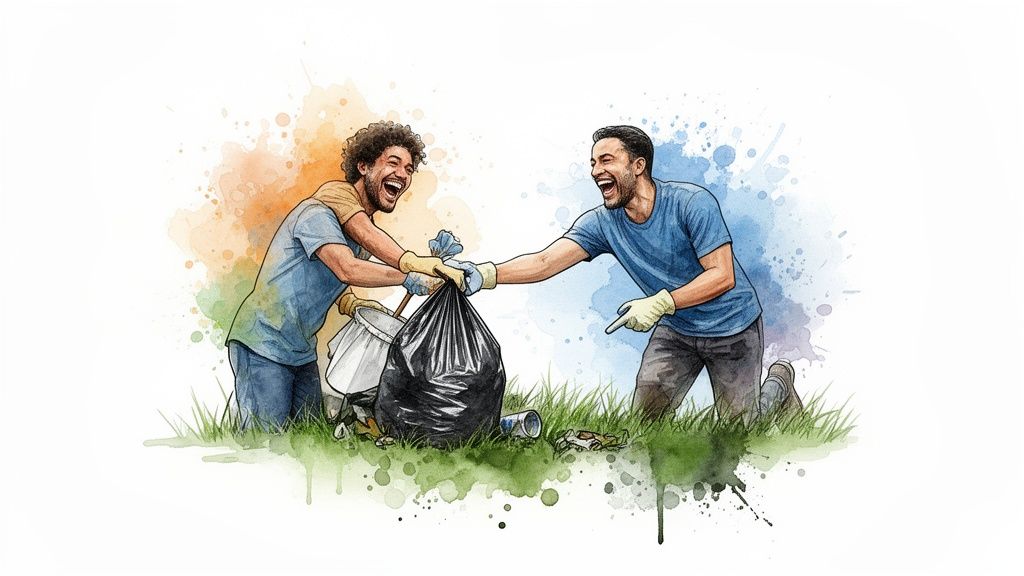 Two cheerful men in gloves clean up trash, putting litter into a black bag, smiling happily.