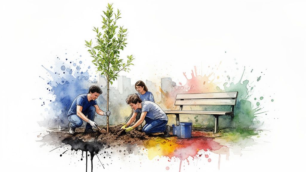 Watercolor illustration of three people planting a tree in a park, symbolizing environmental stewardship.