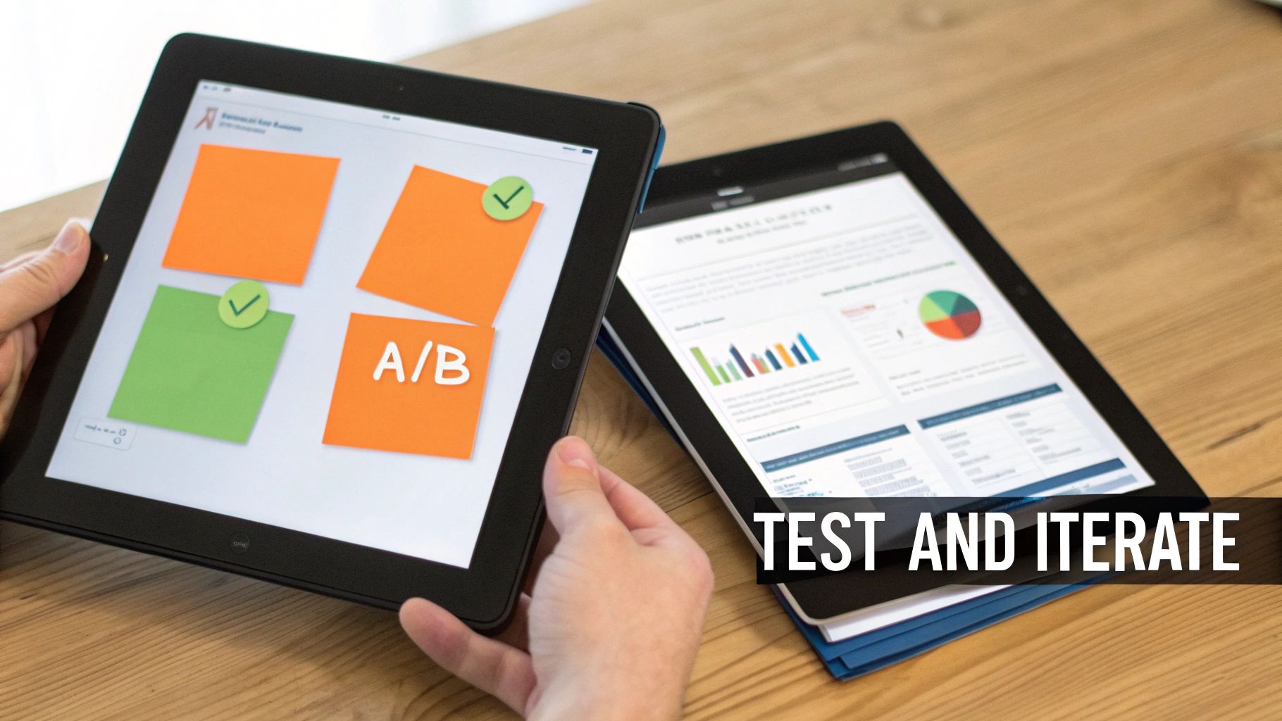 Hands hold a tablet displaying A/B testing, beside another tablet showing data charts and "TEST AND ITERATE".