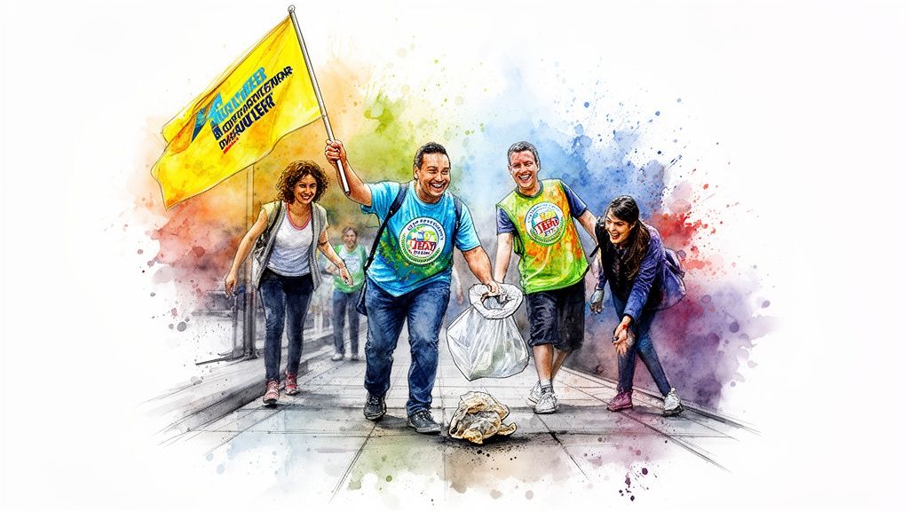 A group of cheerful volunteers cleans up litter, holding a flag and trash bags, in a vibrant watercolor style.