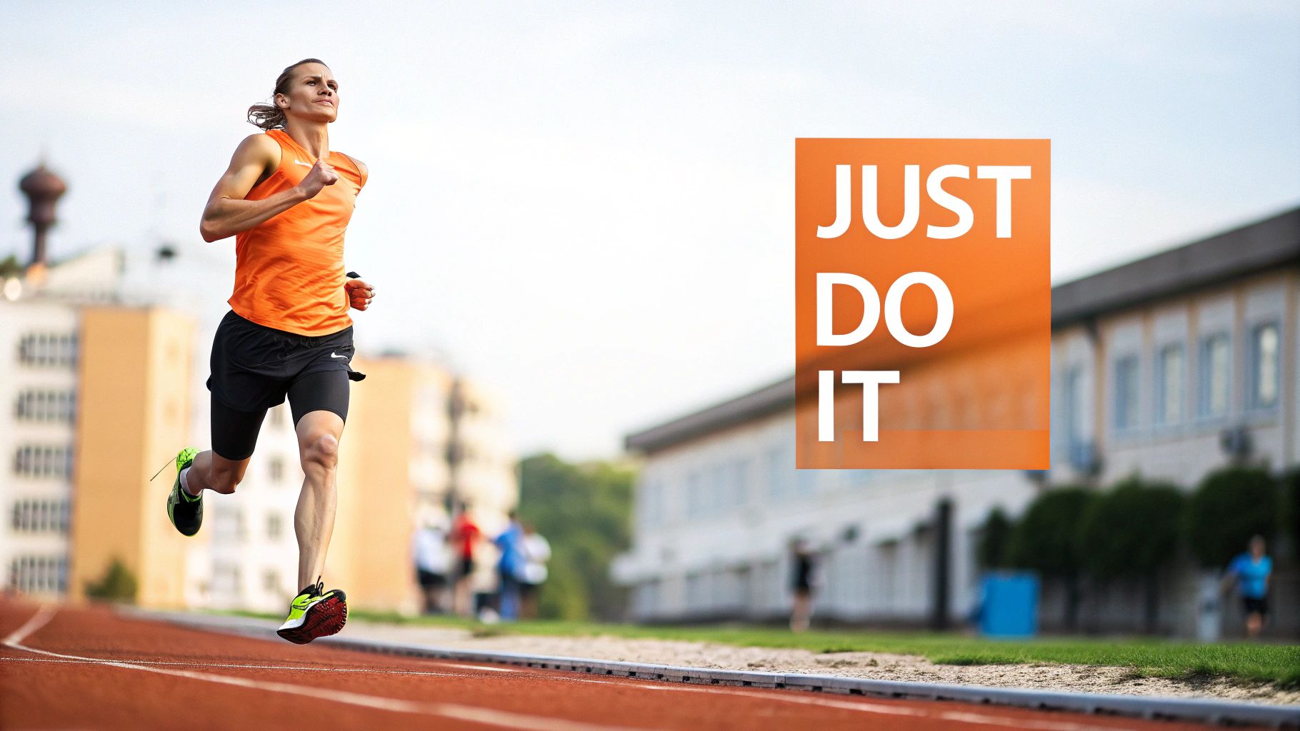 A male runner in an orange shirt on a track with the 'JUST DO IT' slogan.