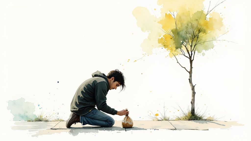 Watercolor illustration of a young man kneeling on a sidewalk, holding a bag, possibly cleaning up trash.