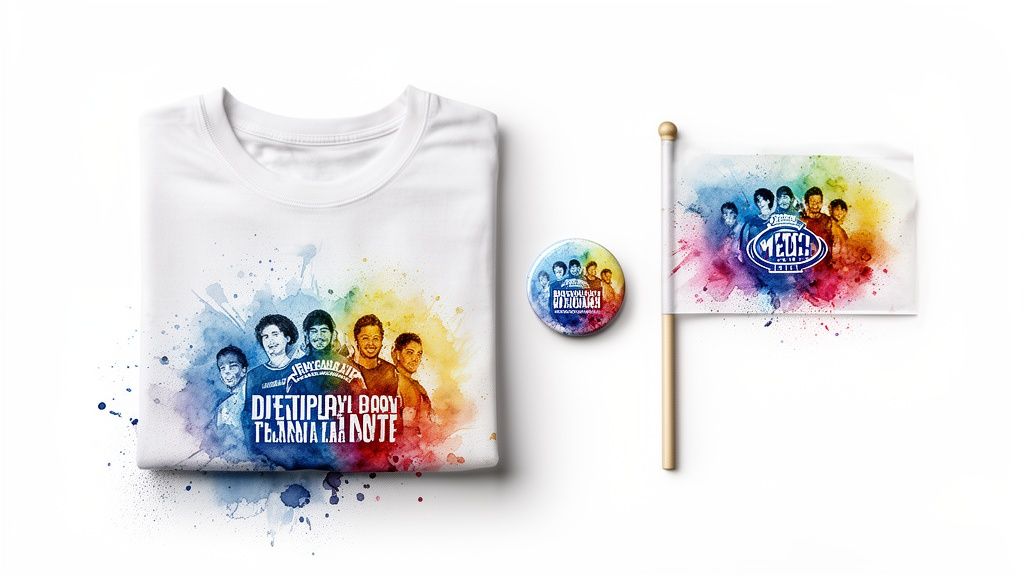 White t-shirt, pin, and flag merchandise featuring five cartoon men and vibrant watercolor paint splatters.