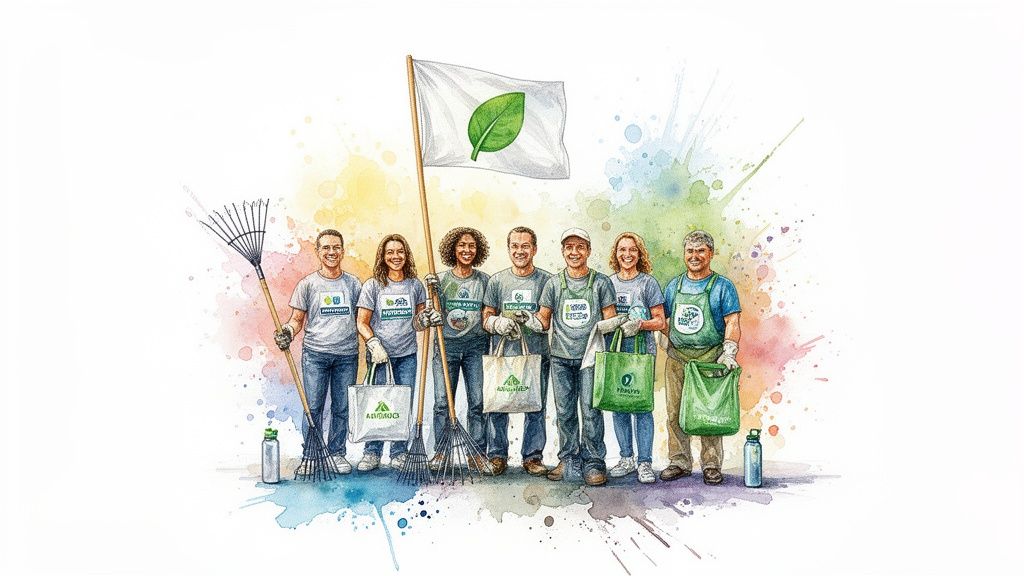 Watercolor illustration of seven diverse volunteers holding rakes and reusable bags for an environmental clean-up.