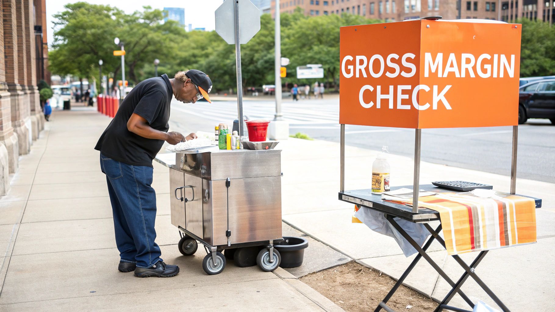 A street vendor checks his inventory next to a stand with a 'Gross Margin Check' sign.