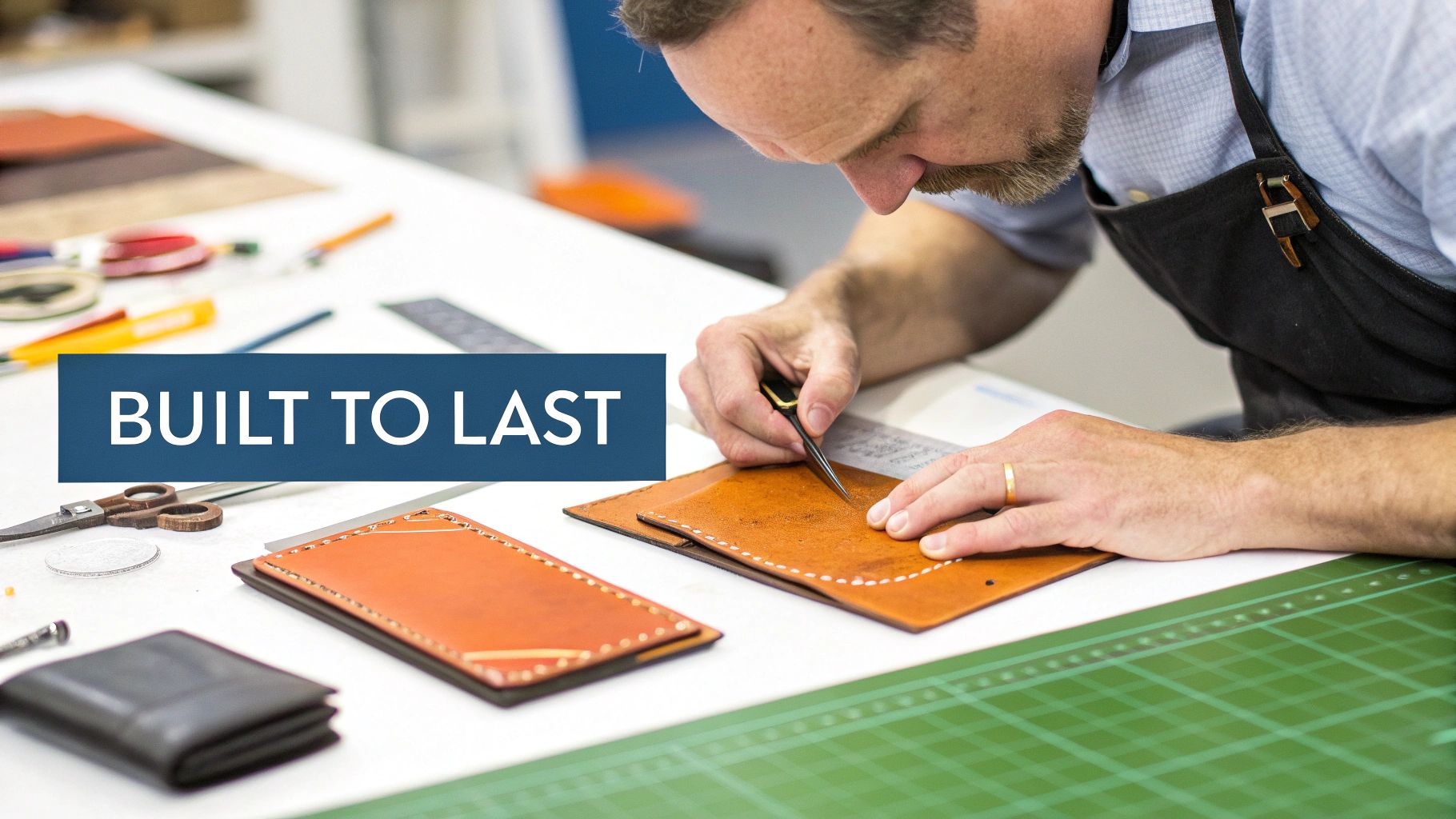 A craftsman meticulously hand-stitching a leather wallet on a workbench, with 'BUILT TO LAST' text visible, emphasizing quality.