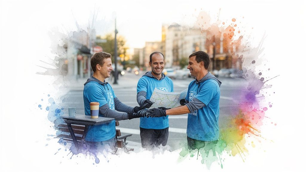 Three smiling men in blue shirts and gloves discuss a map outdoors during a community event.