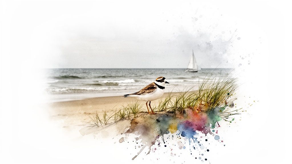 A plover on a sandy beach with dune grass, ocean waves, and a sailboat, accented with watercolor splatters.