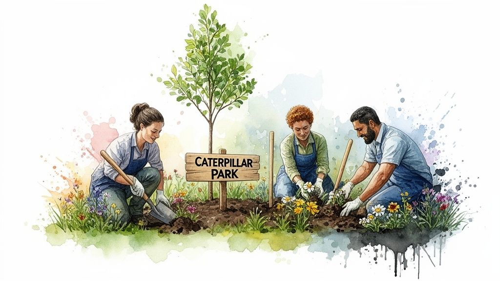 Watercolor illustration of three diverse people gardening in Caterpillar Park, planting a tree and flowers.