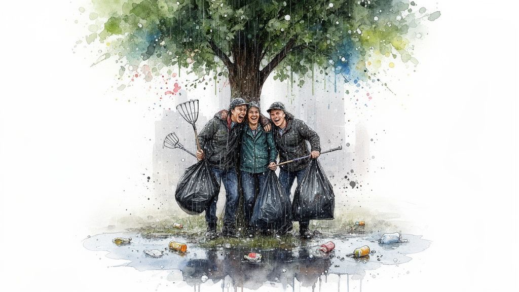 Three smiling people in the rain clean up litter with rakes and trash bags under a tree.